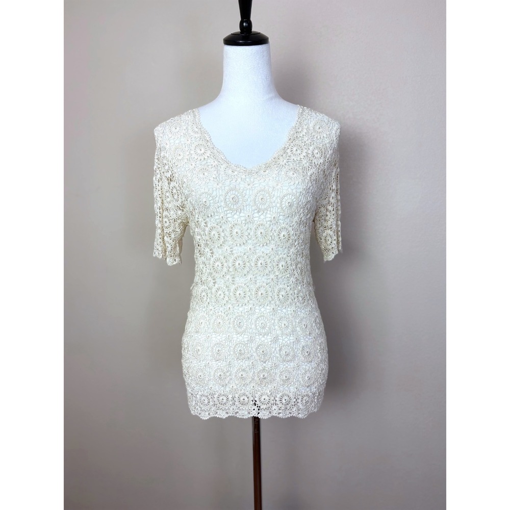 Y2K Vintage Sheer Cream Floral Lace Doily Open Knit Shirt Size Medium Cottage